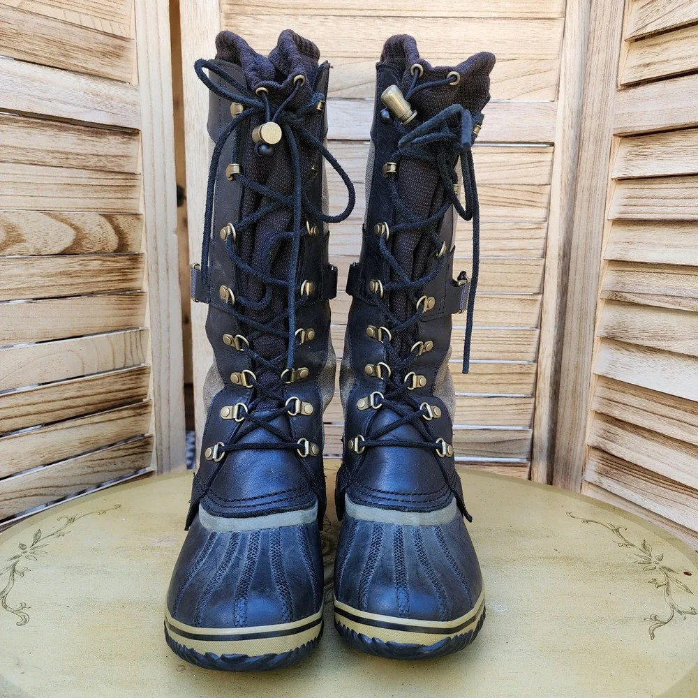 Sorel Sz 9.5 Black Leather Suede Conquest Carly Winter Snow Boots NL1897-270